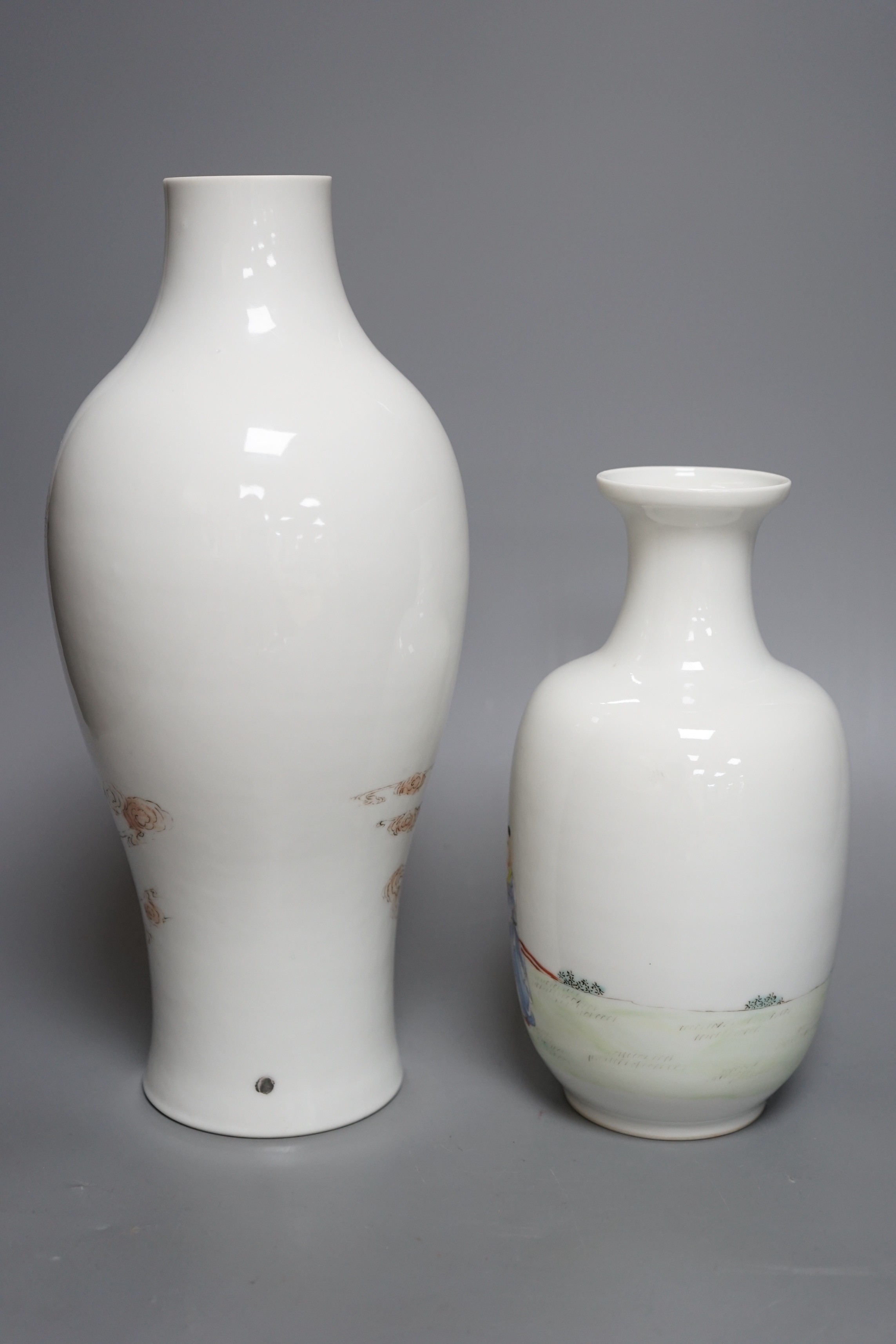 A Chinese Republic period famille rose ‘fairies’ vase (cut down) and a Chinese Republic period ‘boys’ vase, both with pseudo Qianlong marks, Tallest 31cm
